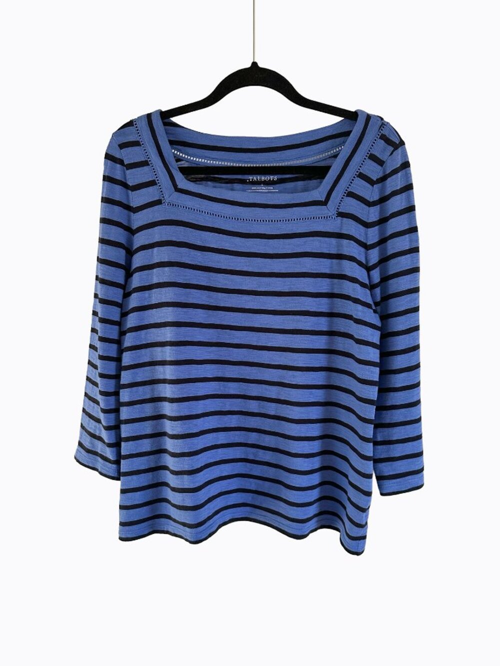 Talbots Tamarind Stripe Top L Blue Black Square Neck 3/4 Sleeve Cotton Coastal